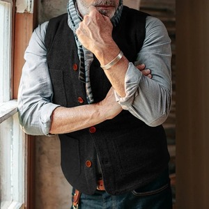 Chaleco de lana con cuello en V, estilo retro para hombre, chaleco de color sólido con un solo botón, adecuado para trajes de primavera y otoño. - Product Image 1
