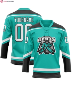 OEM personalizado Aqua blanco-negro hockey encaje Jersey personalizado hockey sobre hielo desgaste traje de hockey sobre hielo para el equipo - Product Image 1