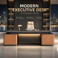 Bureau de direction de luxe pour PDG avec double meuble de rangement en cuir PU, bande lumineuse LED et chargeur sans fil