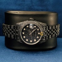 Montre analogique pour femme en verre sertie de diamants d'onyx de laboratoire taille brillant ronde, en acier inoxydable, clarté VVS