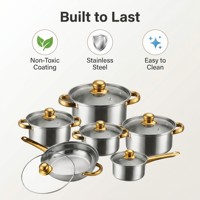 Ensemble de 12 ustensiles de cuisine en acier inoxydable, antiadhésifs multicouches avec couvercles en verre, compatibles induction et gaz