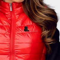 Veste sans manches matelassée pour femme, logo personnalisé en gros, hiver, coupe ajustée, col montant, coupe-vent, respirante