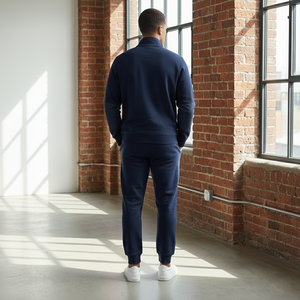 Conjunto Deportivo Personalizado para Hombre, Azul Medianoche, Algodón Grueso Ripstop, Lavado Ácido, Parches Sólidos, Diseño de Rodilla Articulada, Estilo Utilitario - Product Image 4