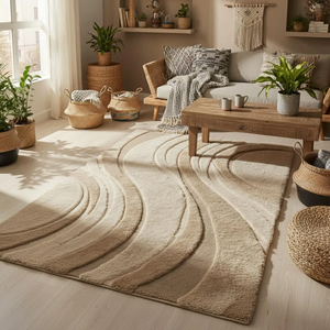 Modern Sculpted Wave Plush Area Rug Neutral <b>Beige</b> Carpet for Living Room Bedroom Dining Room Contemporary Scandinavian Teppich - Product Image 1