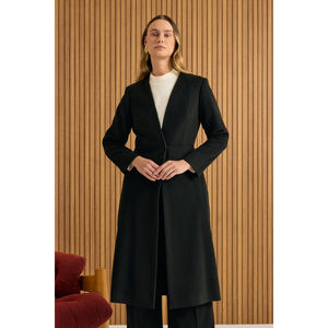<b>Black</b> Cashmere <b>Wool</b> <b>Overcoat</b> with Belted Waist and Sleeve Details - Product Image 1