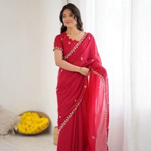 Collection de saris en soie Georgette Star avec broderies fantaisie, catalogue complet disponible au prix de gros, soie Georgette Star lourde. - Product Image 1