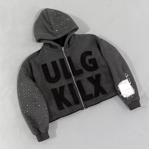 Sweat à capuche pour homme en coton 100% avec étiquette personnalisée, broderie usée, coton délavé à l'acide, fermeture éclair, strass - Product Image 1