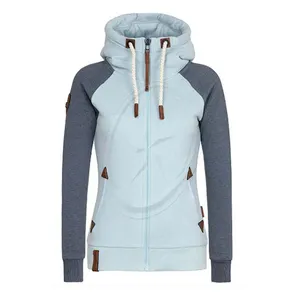 Da Logo Zip Up hoodie cho phụ nữ màu sắc tương phản raglan tay áo áo với Pocket Slim Fit Hoodies bán buôn Nhà cung cấp