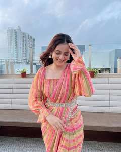 Sari en Georgette Traditionnel de Haute Qualité, Impression Numérique, Broderie de Paillettes, Travail de Miroir, Latkans, Blouse pour Soirée, Indien, Pakistanais - Product Image 3