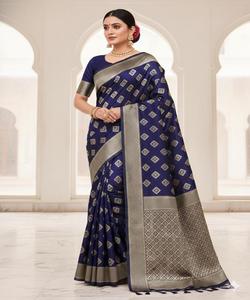 Sari en soie LICHI tendance, tissage Banarasi, travail artisanal, blouse non cousue, fête, toutes saisons, prix de gros, vêtement ethnique, bleu marine - Product Image 1