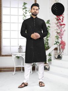 Última Colección de Kurta Pijama Exclusivo para Hombre en Tela de Rayón Suave, Ideal para Ocasiones Festivas y Especiales, Corte Moderno y Ajustado - Product Image 3