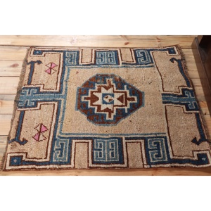 Alfombra Turca Vintage de Lana de 3x3.7 pies, Alfombra Pequeña con Diseño de Plantas y Árboles Azules en Patchwork, Respaldo de Látex Ecológico - Product Image 3