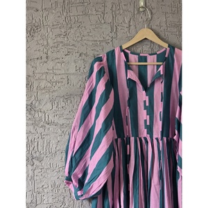 Grey Stripe Maxi <b>Elastic</b> Waist Collared Neck Woven Loose Breathable Solid Floor-Length Leisure Day Holidays Celebrations XL - Product Image 4