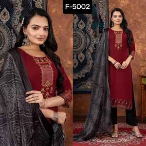 Material de rayón de estilo indio y paquistaní Salwar Kameez con trabajo de bordado y conjunto de Dupatta con estampado Bandhani para ropa de Festival - Product Image 3