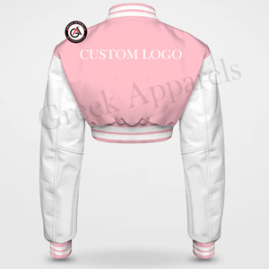 Alpha | Kapa | Alpha Sorority Chaqueta de béisbol recortada con bordado griego para mujer Chaqueta de letras con mangas de cuero y cuerpo de lana - Product Image 2