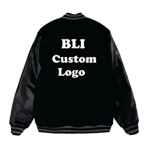 2025 Unisex Varsity Men's Letterman Baseball Black Wool Black Cow Chaqueta con mangas de cuero genuino - Product Image 3