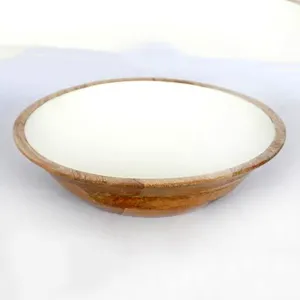 Tigela de salada de madeira esmaltada decorativa feita à mão com design mais recente e serventes em cor branca, tigela de madeira premium esmaltada de manga, suprimentos