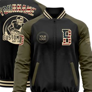 OEM personnalisé vente en gros personnalisé noir vintage USA drapeau Olive-Kream bomber varsity letterman deux tons veste à glissière - Product Image 5