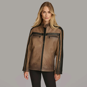 Chaqueta de Motocicleta de Cuero de Piel de Oveja Genuina de Alta Calidad, Impermeable, para Invierno, Talla Grande, Diseño Vintage Transpirable para Mujer, Dorada - Product Image 4