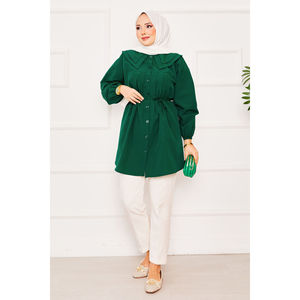 Camisa Hijab Verde Esmeralda con Doble Cuello y Cintura Ajustable con Cordón, Blusa Modesta - Product Image 3