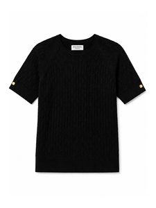 เสื้อไหมพรมคอกลมแขนสั้นสีดำสำหรับผู้หญิง ผ้าฝ้าย 100% สไตล์ลำลอง สีพื้น ทรงปกติ แต่งกระดุม - Product Image 3