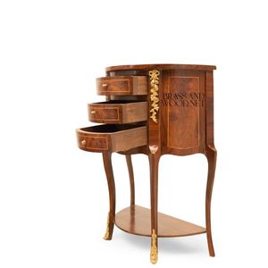 Commode de chevet demi-lune classique en bois avec tiroirs à façade incurvée et accents dorés, meuble de luxe artisanal - Product Image 4
