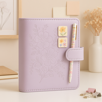 LABON Organiseur de budget en cuir PU à fleurs de lavande, avec fleurs en relief, planificateur A6, ensemble de reliure magnétique, marqueurs et autocollants coordonnés