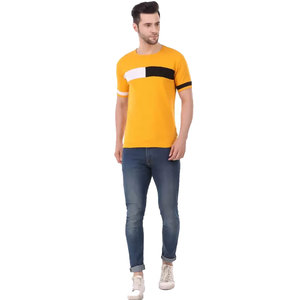 Men's Yellow Short Sleeve T-Shirt With <b>Black</b> <b>And</b> <b>White</b> Contrast Trim Regular Fit Casual Knitted Cotton O-Neck - Product Image 2