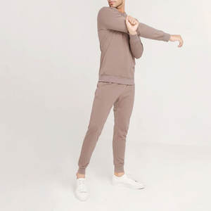 Conjunto de chándales de dos piezas de lana de algodón 100% para hombre al por mayor, jersey liso, sudadera, Camiseta deportiva de cuello redondo - Product Image 2