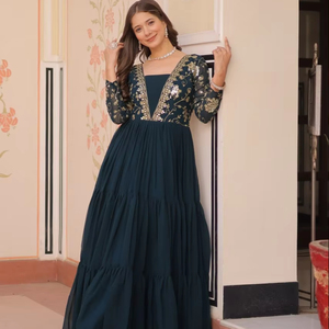 Designer Women's Traditional Elegant Silk <b>Semi</b>-Stitched Wedding Gown Embroidery Work Lace Border Indian Pakistani Party Wear - Product Image 1