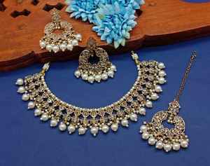 Conjunto de Joyería Tradicional India Chapada en Oro Kundan y Conjunto de Collar de Cobre para Mujeres y Niñas, Accesorios Indios, Joyería para Mujer - Product Image 4