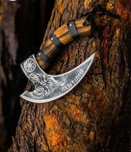 มีดทำครัวสแตนเลสพร้อมด้ามไม้และปลอกหนังเป็นมิตรกับสิ่งแวดล้อมสำหรับเชฟขวานพิซซ่าไวกิ้งทำด้วยมือคุณภาพสูง - Product Image 2