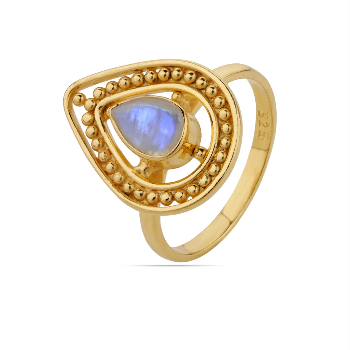 Perhiasan mewah berkelas cincin perak murni 925 berlapis emas padat batu permata batu Moonstone pelangi alami pernikahan pertunangan wanita