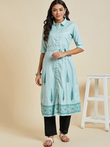 การสนทนาการพิมพ์เสื้อคอปกผ้าฝ้าย A-Line Kurta สําหรับผู้หญิงแฟชั่นอินเดียผ้าฝ้ายทําด้วยมือ Kurta ชุดยาวสุภาพสตรี - Product Image 6