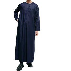 2024 bordir tradisional pria jubbah navy blue Muslim pria thobe pakaian Islami Ramadan thobe kustom dada tusle Thobe