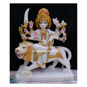 Fabrication d'une statue de la déesse Durga Mata en marbre blanc indien, en position assise sur un lion, avec surface brillante, pour offrir en cadeau. - Product Image 1