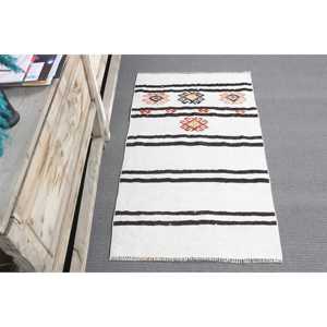 Tapis turc vintage 2,1 x 3,6 pieds, petit tapis, tapis en laine blanc et noir à bordures - Product Image 3