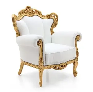 Classic accent chair carved with white leather fabric gold frame color solid mahogany wood - antique Wood Furniture