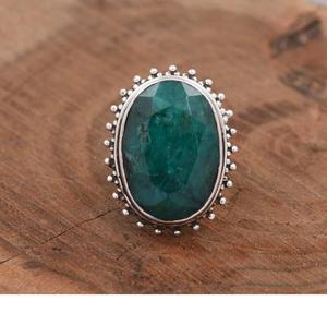 Bague émeraude en argent sterling 925 grande pierre précieuse ovale déclaration bande fendue bague de créateur perlée cadeau pour elle - Product Image 1