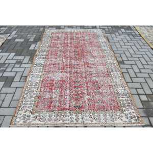 4.7x7.6 ft Vintage Turkish Rug, Area Rug, <b>Red</b> Blue Bordered <b>Wool</b> Rug - Product Image 1