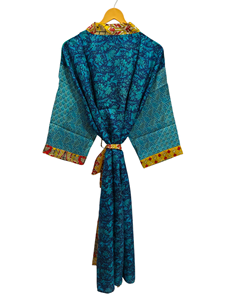 Bata de novia Bata de seda ligera para mujer Ropa de noche Bata larga, Kimono Sari de seda reciclada vintage indio con estampado floral, - Product Image 3