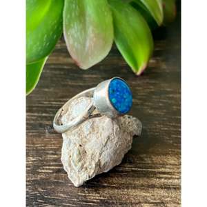 Cushion Cut Blue <b>Opal</b> Statement <b>Ring</b>-Navajo Sterling Silver Gemstone <b>Ring</b> Size 5.5 Invisible Setting Everyday Wear - Product Image 3