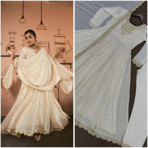 Robe vintage d'été ample en georgette naturelle lourde avec broderie machine, ensemble pantalon et dupatta, longueur genou - Product Image 1