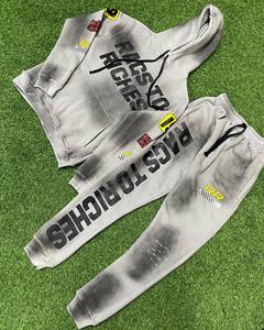 Chándales acampanados personalizados de lavado ácido para hombre con cremallera hasta 480 GSM, chándal con bordado de angustia de pierna recta, conjunto de sudaderas con capucha y pantalones de chándal para hombre - Product Image 5