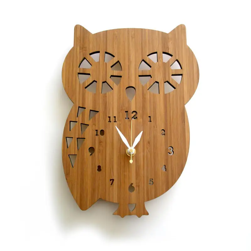Adorables relojes de madera con forma de búho, venta al por mayor, reloj de madera montado en la pared para decoración de dormitorio de bebé