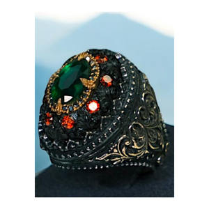Anello Autentico da Uomo in Argento Nero Decorato con Pietre di Smeraldo e Rubino - Product Image 1