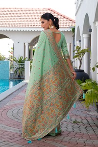 Hermosa Pashmina Work Sari verde de seda suave con blusa elegante para fiesta de boda La mayoría de las ventas Mujeres Chica Ropa étnica exclusiva - Product Image 4