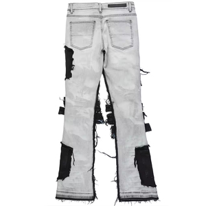 Jeans pour hommes en détresse blanc et noir, jeans respirants pour hommes de haute qualité personnalisés extensibles détruits déchirés de coupe régulière - Product Image 2