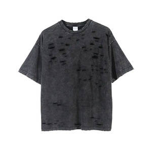 Camiseta de gran tamaño para hombre de High Street 100% algodón con logotipo personalizado, ropa de calle de punto con agujeros de corte únicos - Product Image 1