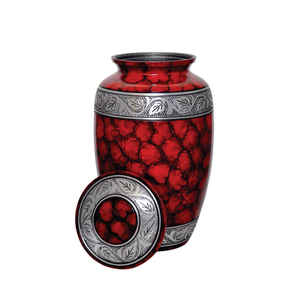 โกศโลหะหรูหราสำหรับใส่เถ้ากระดูกมีลายใบไม้สีแดงและเงินด้านบนเป็นสกรูสำหรับงานศพของมนุษย์ - Product Image 1